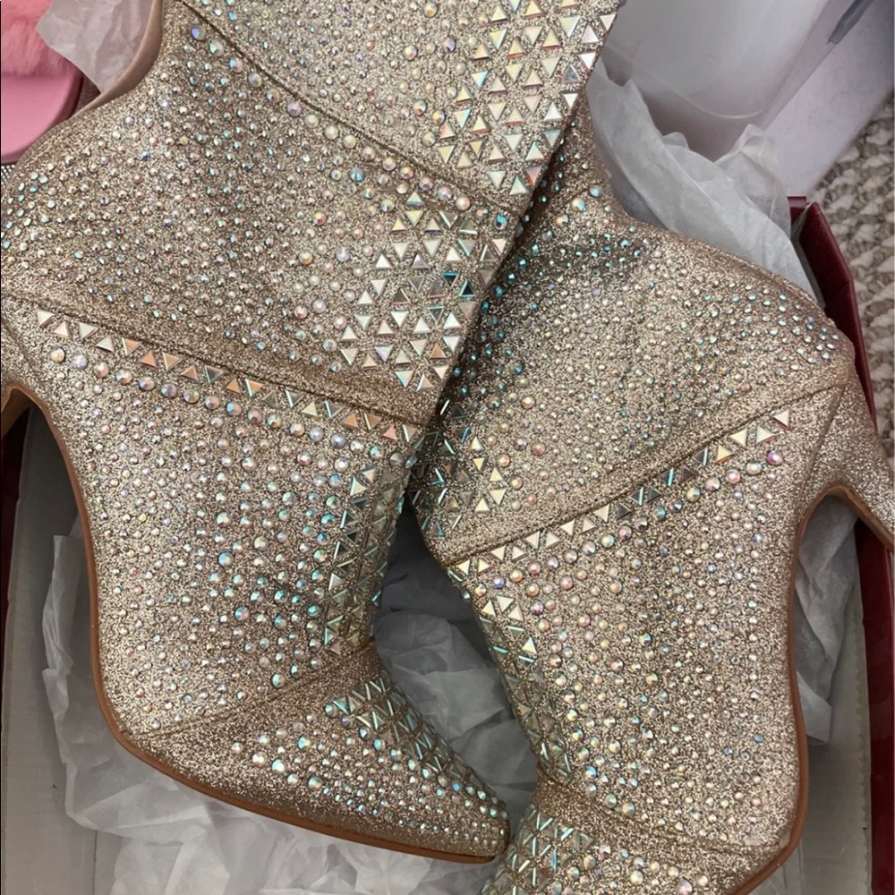 Hey rhinestone champagne gold colored stiletto ankle boots size 10